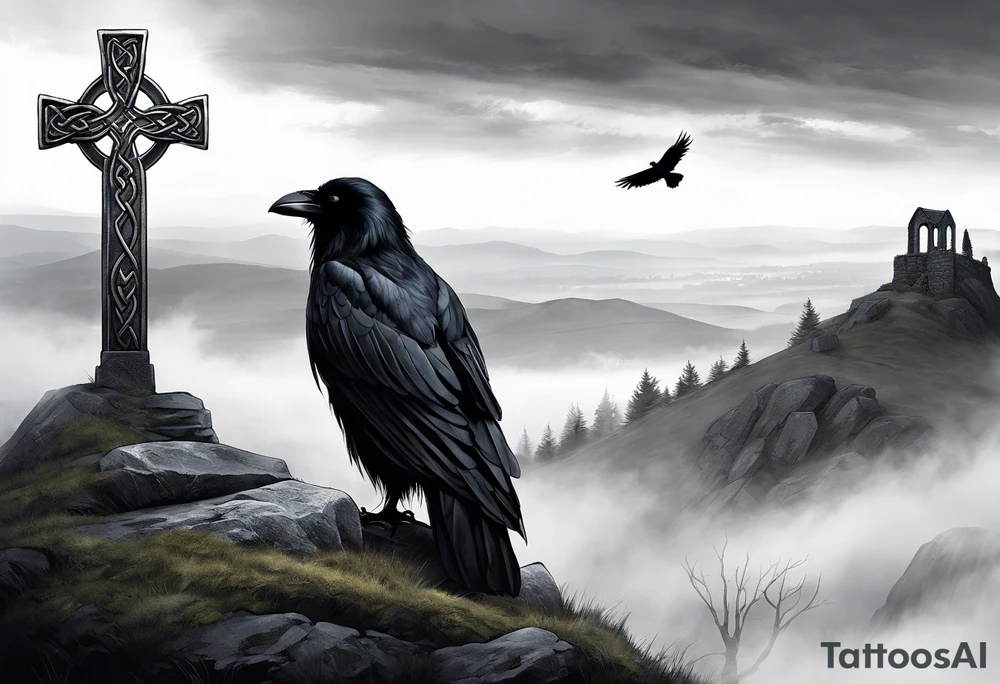 A stone Celtic cross solemnly standing atop a hill, a raven perches atop the cross staring out over the desolation. A ruined stone wall lies crumbling near the cross. Mist rolls along the hilltops adding to the melancholic nature of the scene tattoo idea