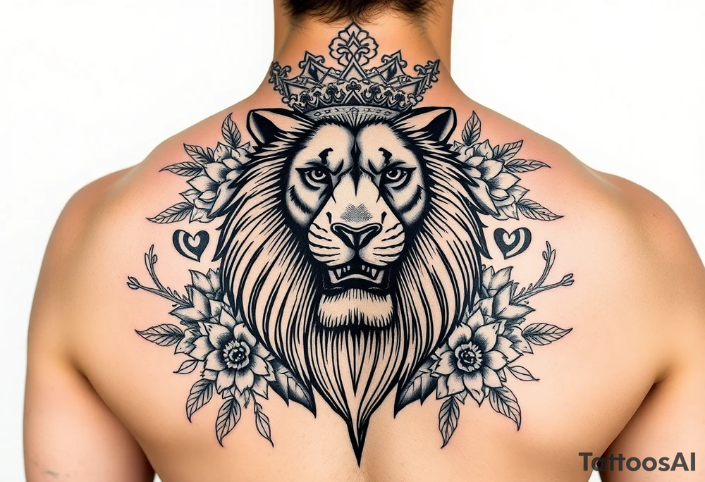 powerful majestic lion with a crown, surrounded by floral ornaments and birds tattoo idea