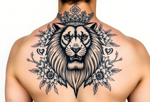 powerful majestic lion with a crown, surrounded by floral ornaments and birds tattoo idea