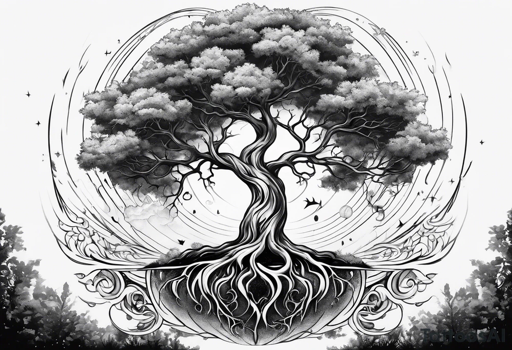 tattoo drawing of a tree with the roots coming out of a planet tattoo idea