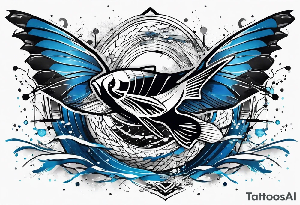 Trash polka blue and black fly fishing theme rib piece tattoo idea