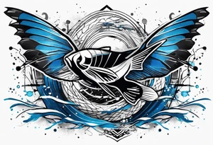 Trash polka blue and black fly fishing theme rib piece tattoo idea