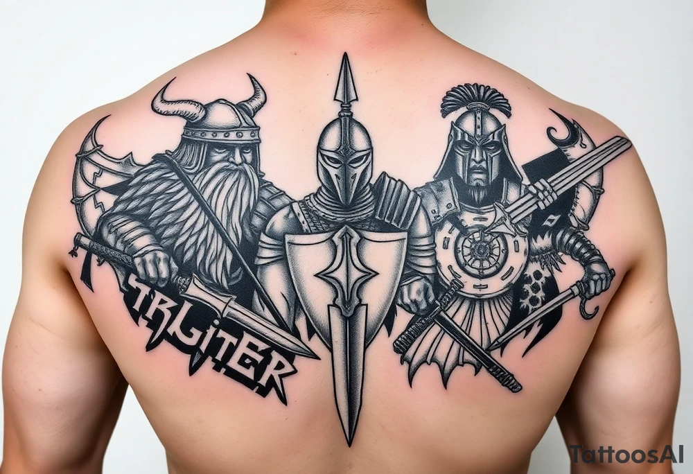 For a full back tattoo create the following battle seen- Viking vs Angus Kahn vs English knight vs Roman gladiator vs Japanese samurai tattoo idea