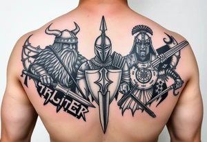 For a full back tattoo create the following battle seen- Viking vs Angus Kahn vs English knight vs Roman gladiator vs Japanese samurai tattoo idea