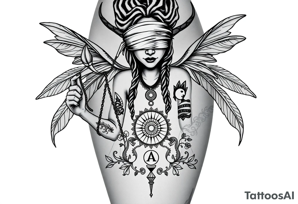 Black Sylph with dreads wearing blind fold and ankh pendant with tattoos holding weighing scales with the sun and moon rose vines surrounding and Anubis guarding tattoo idea