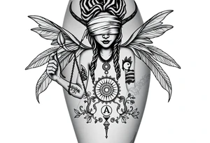 Black Sylph with dreads wearing blind fold and ankh pendant with tattoos holding weighing scales with the sun and moon rose vines surrounding and Anubis guarding tattoo idea