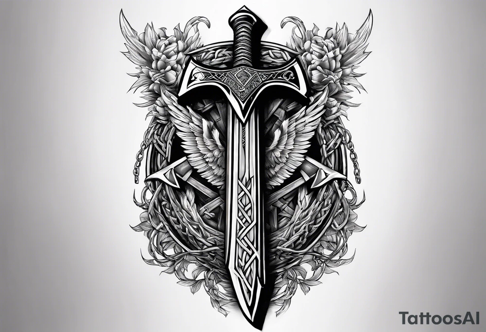 Valhalla sword  axe Valknut barbed wire chains tattoo idea