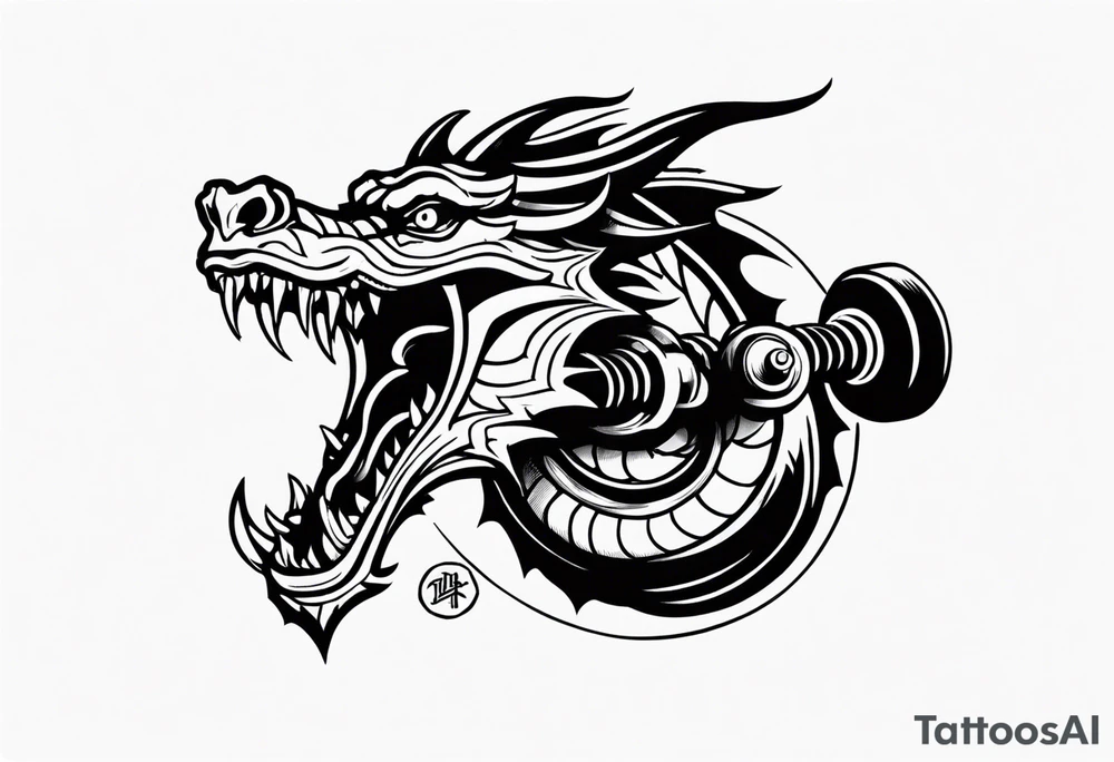 Simple Dragon biting a dumbbell tattoo idea
