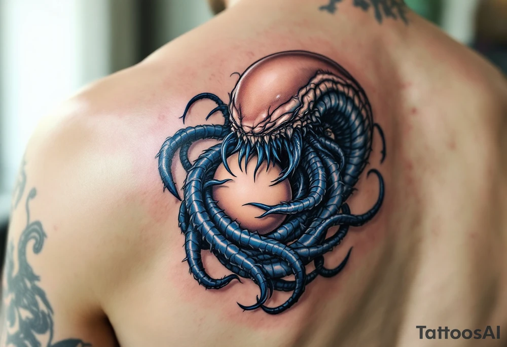 The facehugger curled around an egg, with slimy, translucent tendrils in blue, evoking the creature's parasitic nature. tattoo idea