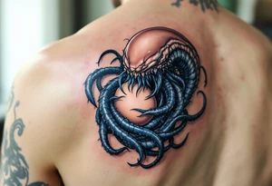 The facehugger curled around an egg, with slimy, translucent tendrils in blue, evoking the creature's parasitic nature. tattoo idea