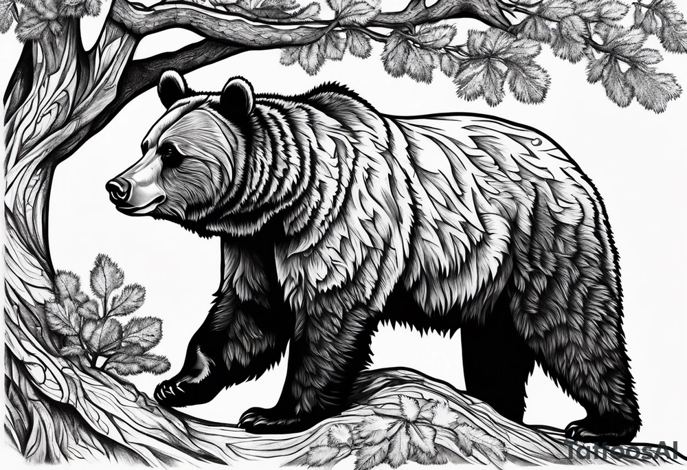 Grizzly bear and oak tree tattoo idea