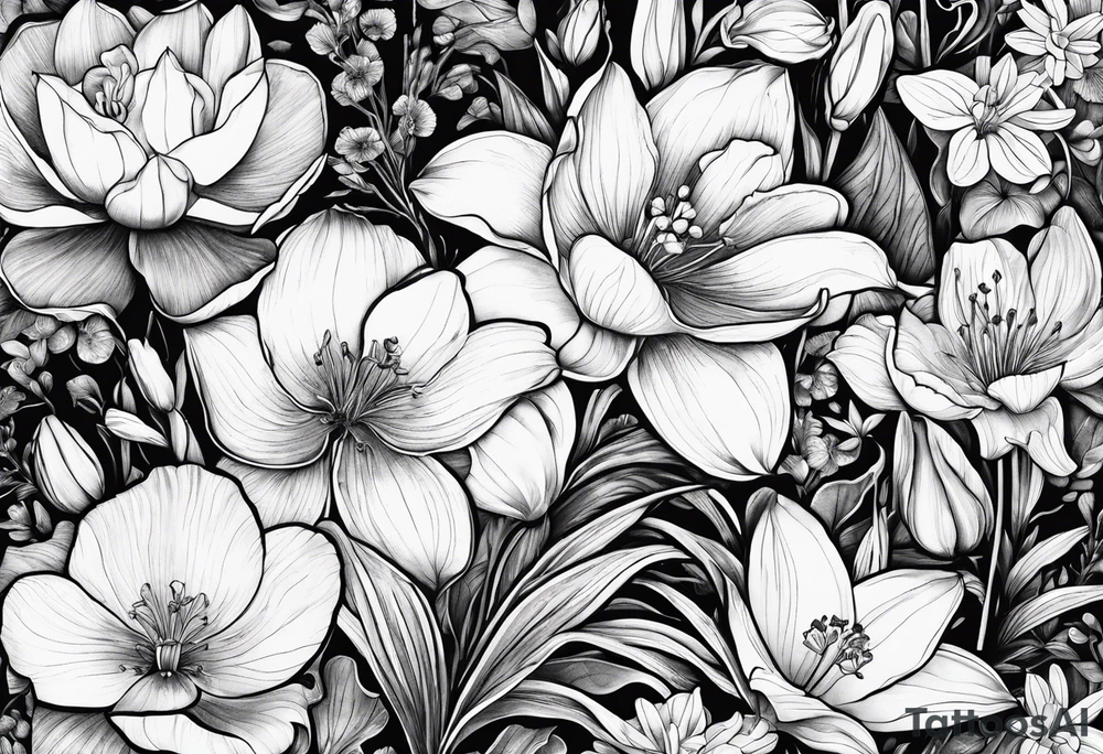 Collage of violets, water lily's, irises, lily of the valley, hawthorn, cosmos, daffodils tattoo idea