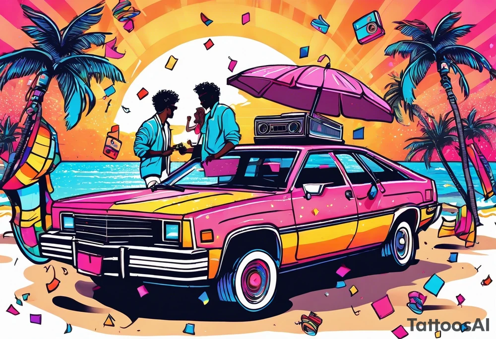 1980's style dance party with boom box and confetti in a beach theme. include people in 80's miami beach clothes, music note. tattoo idea