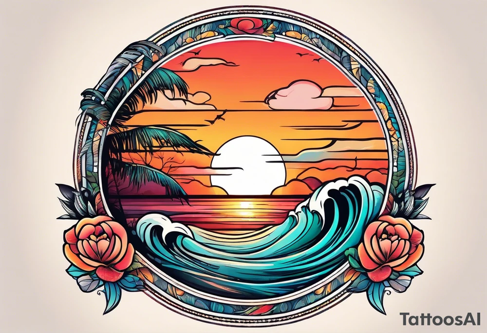 Round tattoo, inside sunset and sea with retro look tattoo idea
