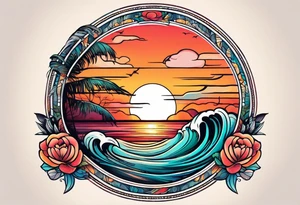 Round tattoo, inside sunset and sea with retro look tattoo idea
