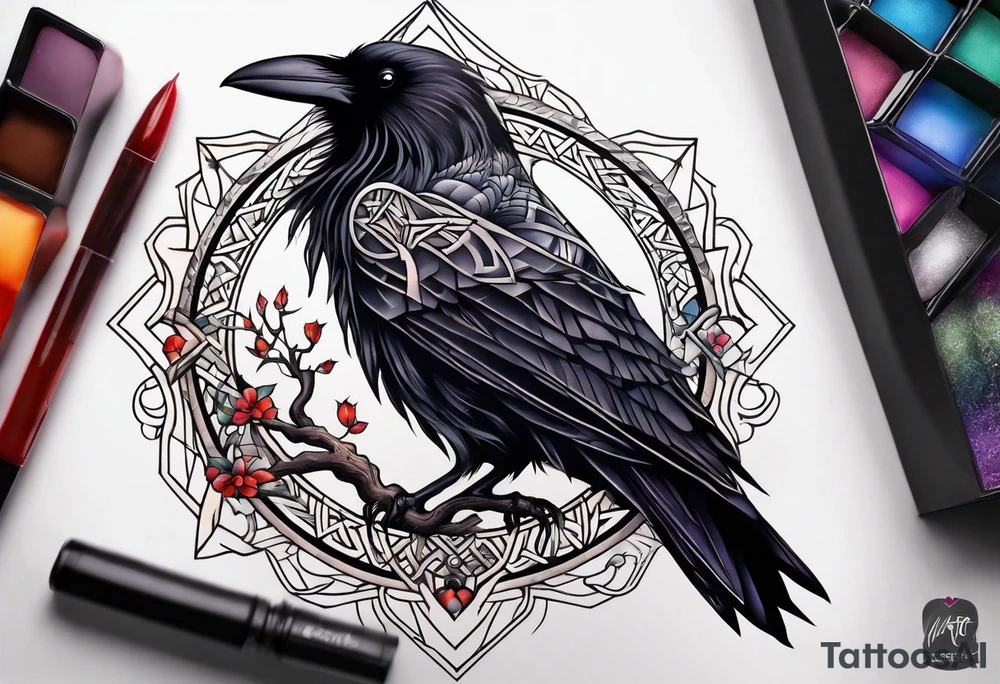 world tree with a raven and knotwork sleeve tattoo tattoo idea