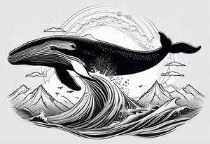 breaching humpback whale with a mountain scene behind it tattoo idea