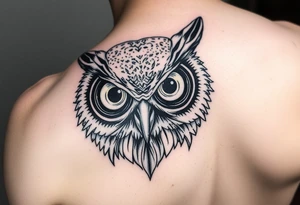 Owl head with large intense tripping on acid colored eyes with cyberpunk style tattoo idea
