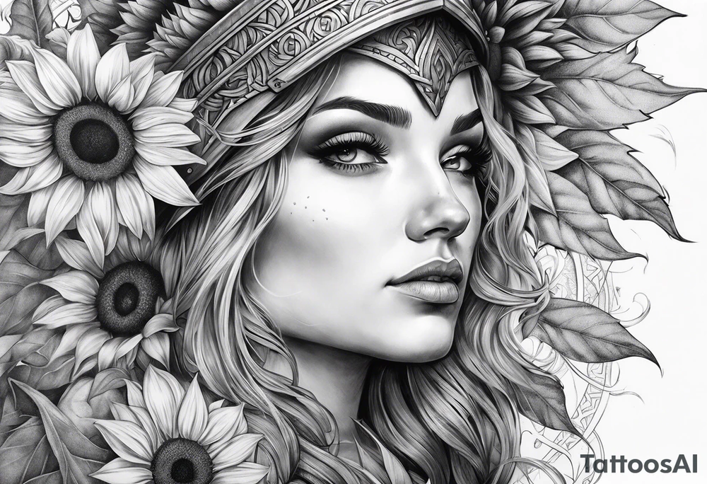 Sunflower viking sleeve tattoo idea