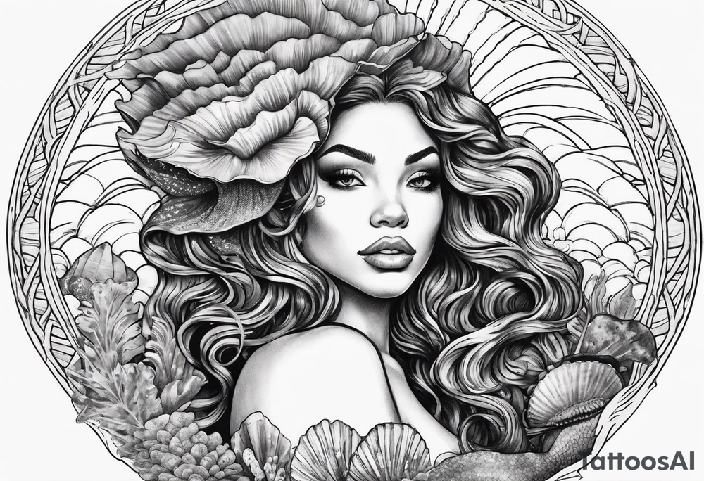 black mermaid in clam shell tattoo idea