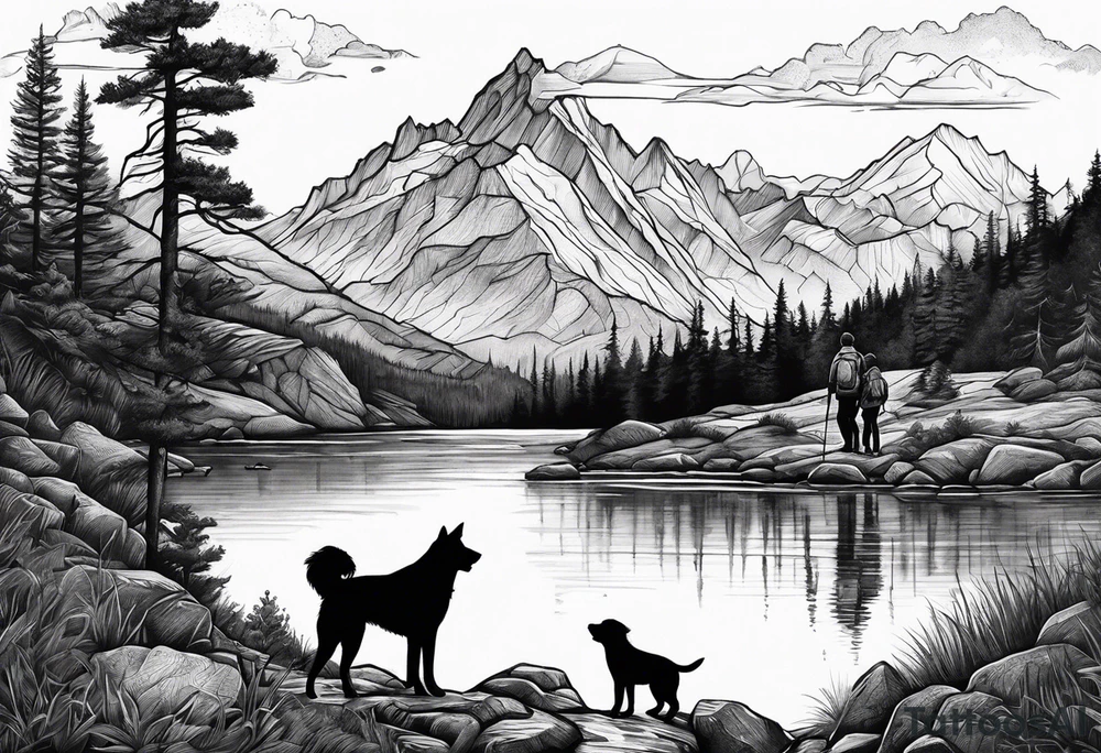 nature, sunset, mountains, a father and son hiking with their dog and cat by the water and a cross tattoo idea