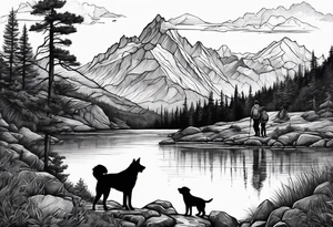 nature, sunset, mountains, a father and son hiking with their dog and cat by the water and a cross tattoo idea