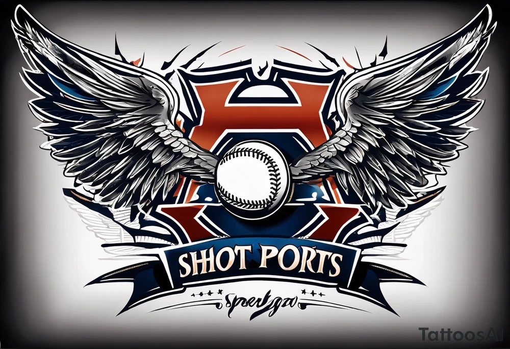 crossed hockey sticks in the background and wings that says "SHOT SPORTS" tattoo idea