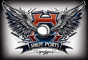 crossed hockey sticks in the background and wings that says "SHOT SPORTS" tattoo idea