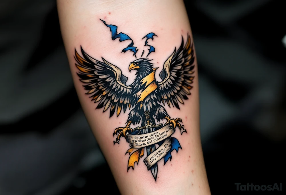 Battle-Worn Silesian Eagle with Torn Banners – A strong, battle-scarred eagle with ripped blue and yellow banners flowing behind it, representing the resilience of Silesia. The eagle's claws clutch an old sword or a scroll with historical inscriptions, adding a storytelling element. tattoo idea