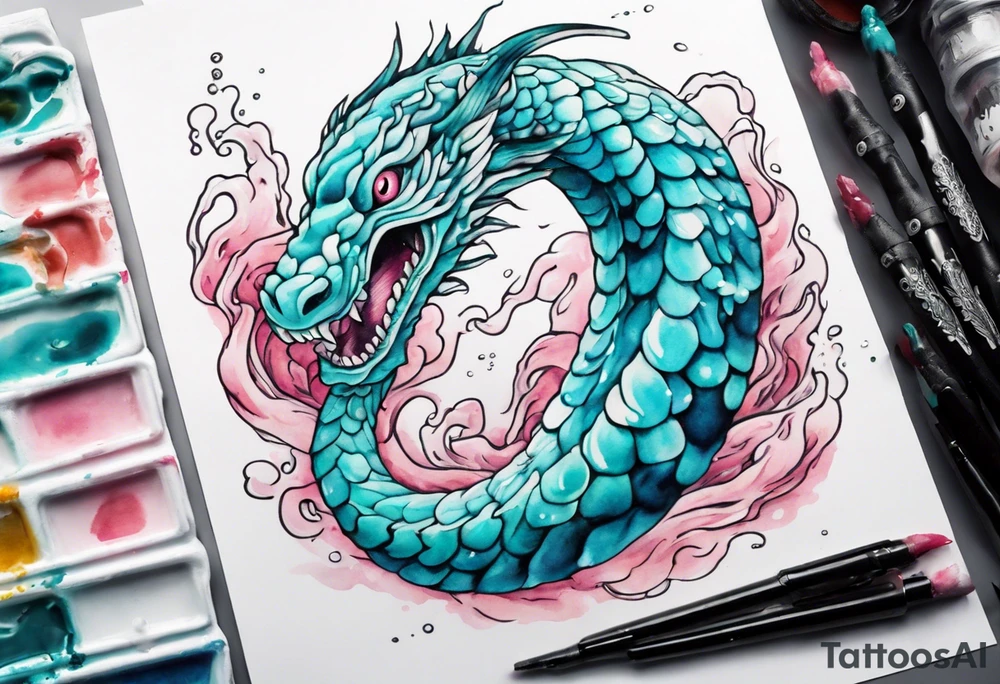 a turquoise and white and pink sea serpent with beautiful eyes rising from the blue waves of the ocean tattoo idea