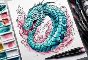 a turquoise and white and pink sea serpent with beautiful eyes rising from the blue waves of the ocean tattoo idea