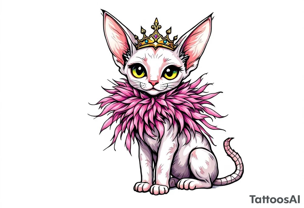 Chibi new school Glamorous sphinx cat with a pink feather boa and wearing a crown tattoo idea