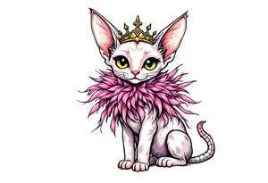 Chibi new school Glamorous sphinx cat with a pink feather boa and wearing a crown tattoo idea