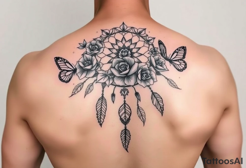 Beautiful Dreamcatcher roses and butterflies tattoo idea