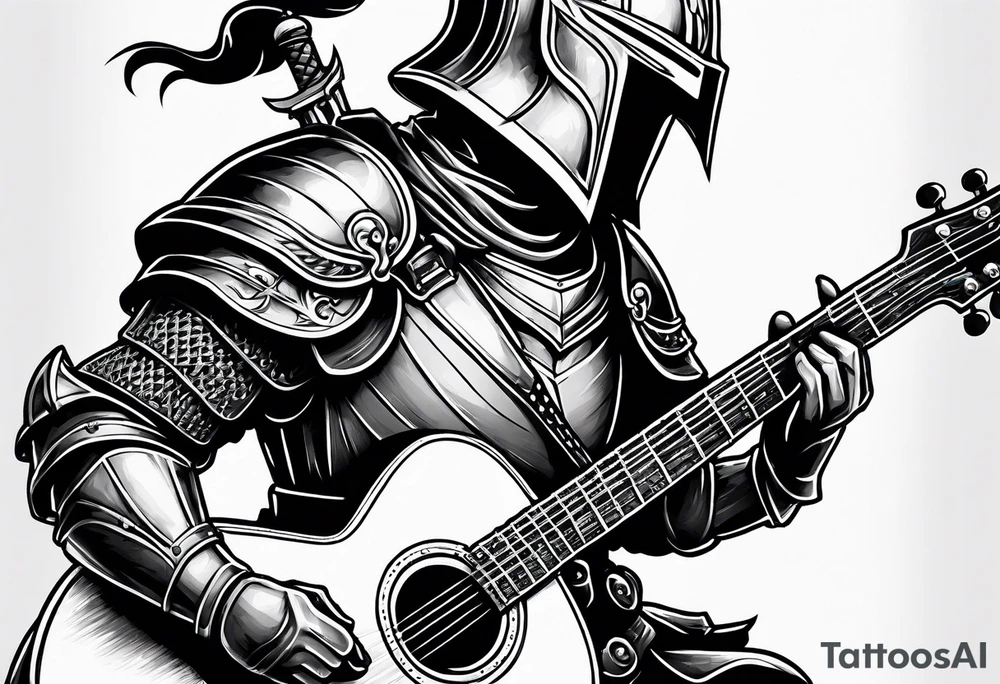 Armor of God knight holding sword and acoustic 
guitar tattoo idea