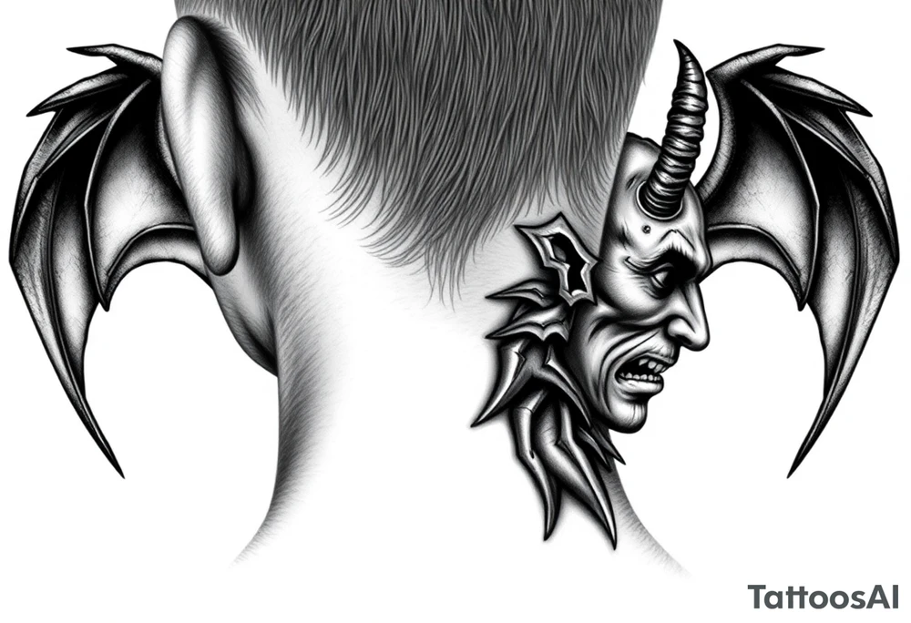position behind the neck Angel (on the right) whispering in the right ear, demon (on the left) whispering in the left ear tattoo idea