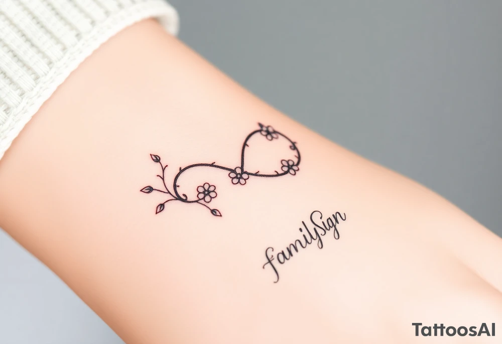 An infinity symbol made of intertwined vines, with delicate flowers blooming along its curves, and family sign tattoo idea