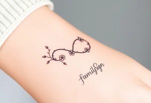 An infinity symbol made of intertwined vines, with delicate flowers blooming along its curves, and family sign tattoo idea