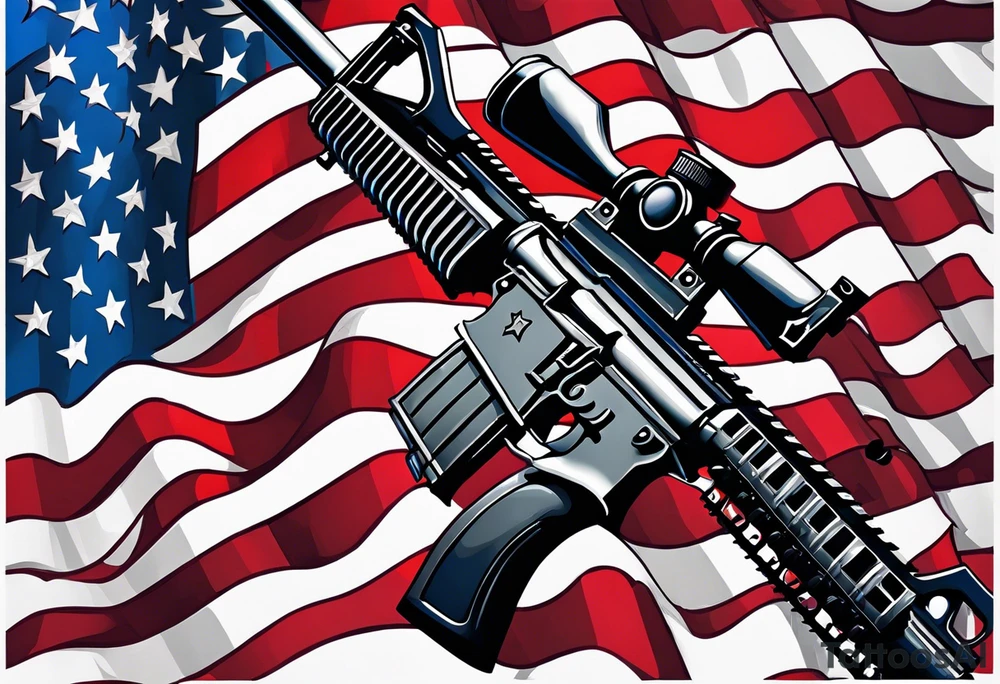 American flag with a machine gun in front of it tattoo idea