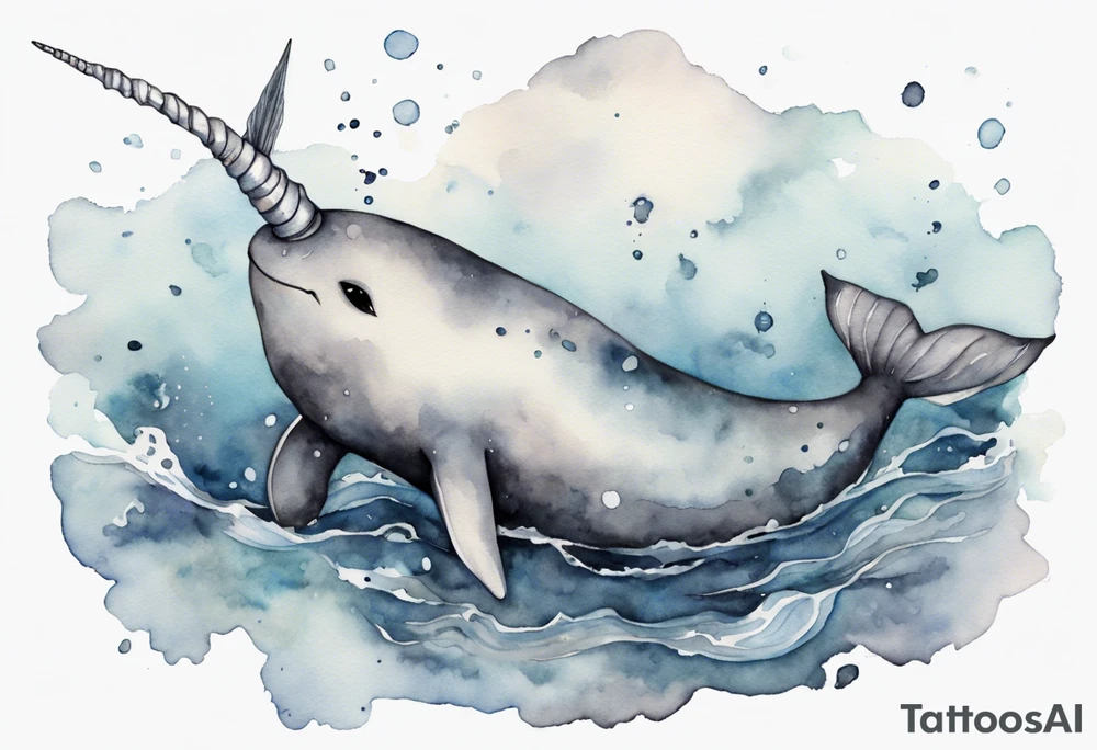 a melancholy watercolor painting of a realistic narwhal swimming in a grey ocean tattoo idea
