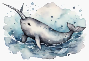 a melancholy watercolor painting of a realistic narwhal swimming in a grey ocean tattoo idea