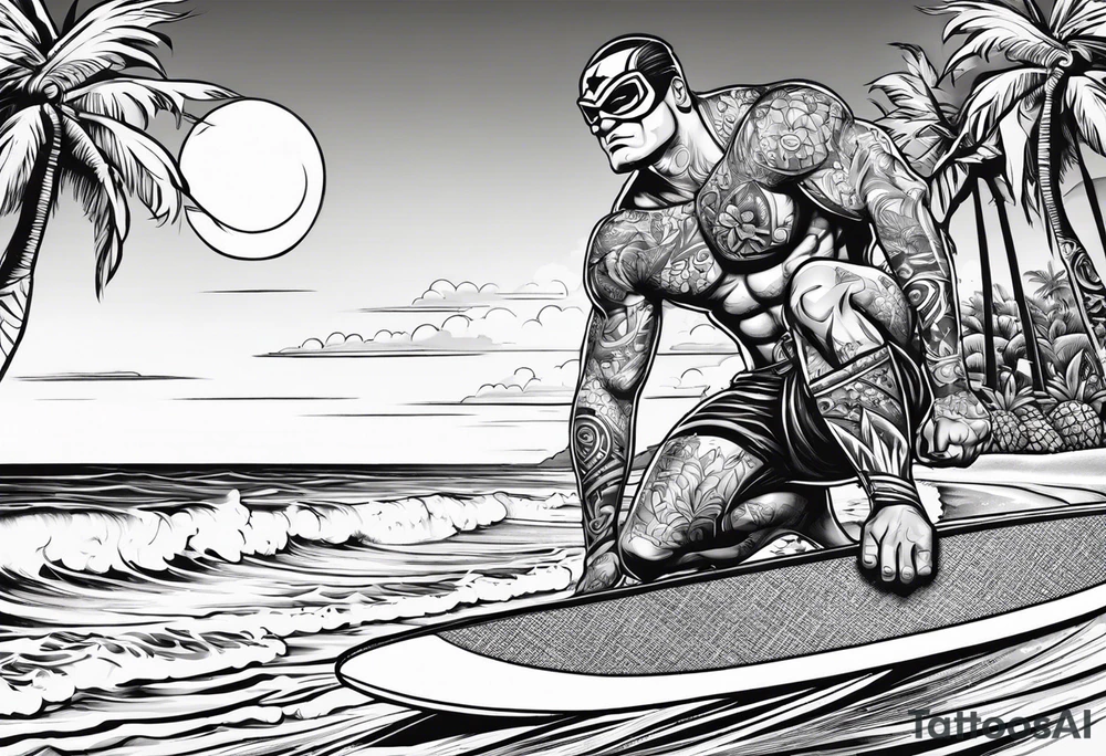 beachbum superhero on a surfboard with tiki guys tattoo idea