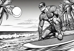 beachbum superhero on a surfboard with tiki guys tattoo idea