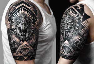 complete upper arm sleeve. Feature three mountain side by side, with 3 stars above them crossed sword patterns that evoke the Valkyrie spirit. Keep the design in clean, simple lines. tattoo idea