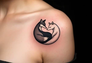 A black and white yin-yang formed by curled foxes on both partners shoulder blade. tattoo idea