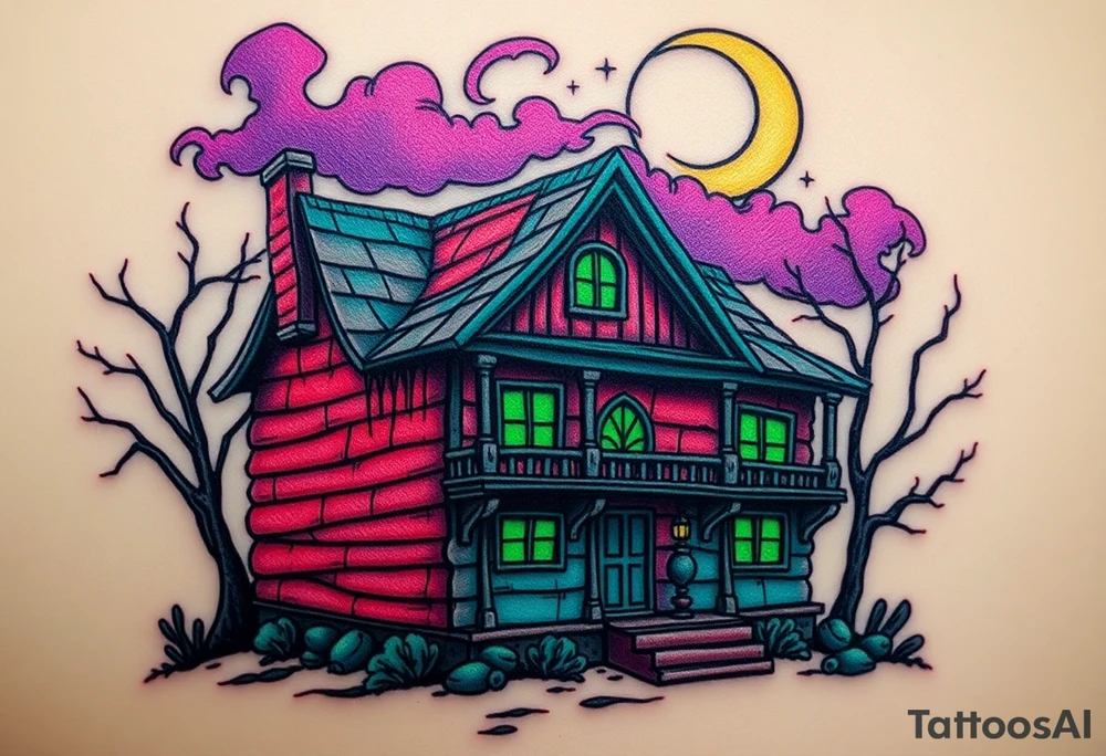 Tim Burton’s haunted pastel wood cabin home is abandoned and dripping with muted reds, dusty pinks, and eerie green glow.purple and cyan smokey clouds swirl in the crescent moonlit sky thats sprinkled with stars tattoo idea tattoo idea
