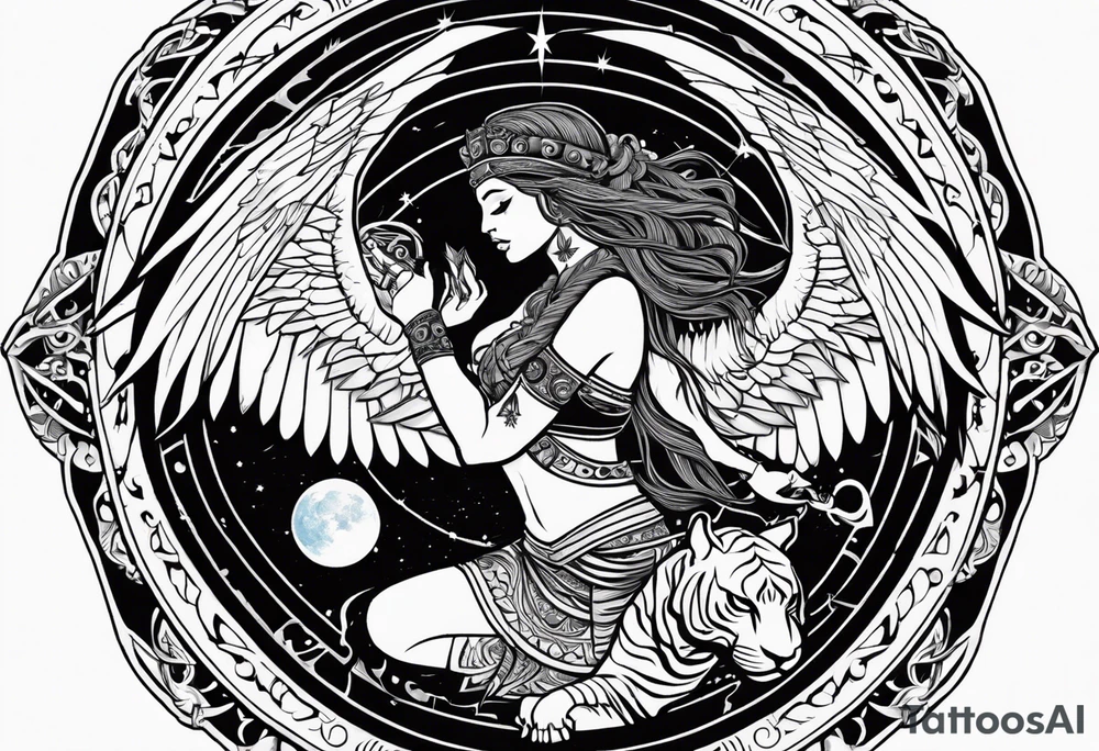 black kali, goddess pirate, alien, angel, pachamama, valkrye, warrior, flying, skull, lotus azul, wing, eagle, zenza resonance, stars, 5D, anahata chakra, death, durga, riding on a tiger, flying lady tattoo idea