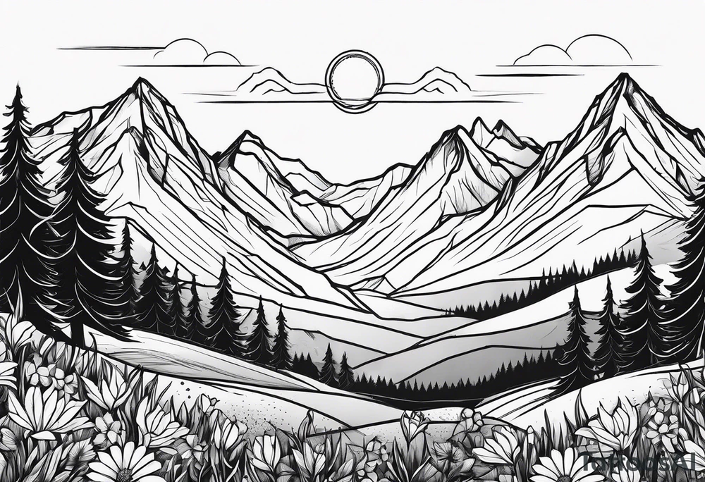 mountains, sun, wildflowers tattoo idea