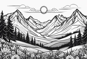 mountains, sun, wildflowers tattoo idea
