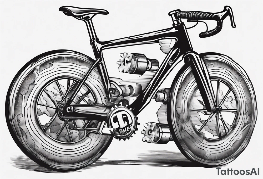 BMC road bicycle on a mountain sitting on a dumbbell tattoo idea